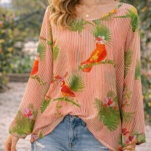Lemon Way Top Size XL Tropical Bird Sheer Chiffon Long Sleeve